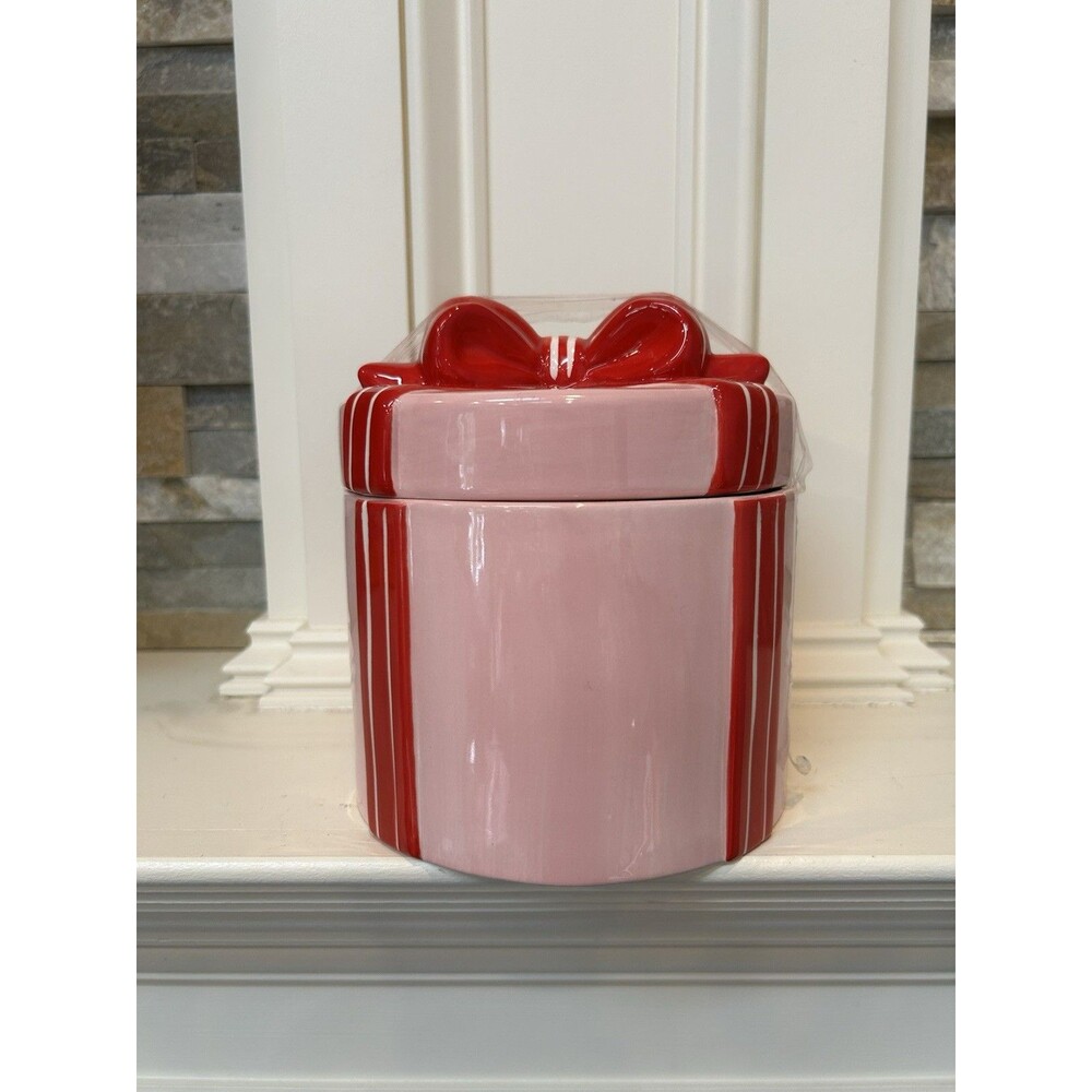 Ashland Berry Jolly Christmas Ceramic Canister With Lid Pink Red Striped 6x6”